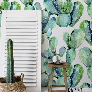 Carta da parati con cactus ad acquerello - Decorazione per inquilini - Materiale rimovibile o normale - Murale con cactus - Carta da parati con cactus blu-verde n. 23