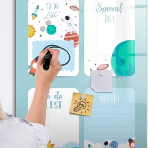 Pizarra magnética con planificador galáctico, horario, tablero de notas azul, organizador de fotos para pared, marcador de borrado en seco