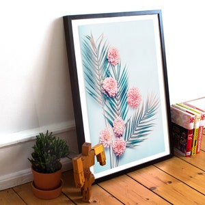 Creative Layout With Tropical Palm Leaves And Pastel Pink  Flowers On Turquoise Blue Desktop Background - Self-Adhesive Poster #33PP