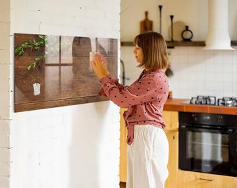 Tableau magnétique en bois rustique, liste de choses à faire pour le mur, babillard électronique marron, affichage mural photo motif nature, marqueur + éponge