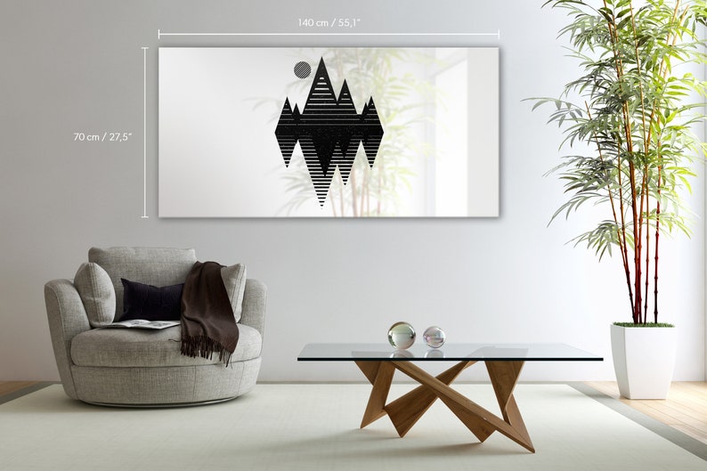 May include: A black and white geometric mountain design print on a white canvas. The print is 140 cm wide and 70 cm tall.