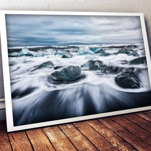 Jokulsarlon Lagoon, Shattered Ice Blocks Moved By Waves Self-Adhesive Poster - Cold - Cloudy Sky - Reusable - Sticky Wall Art #26PN