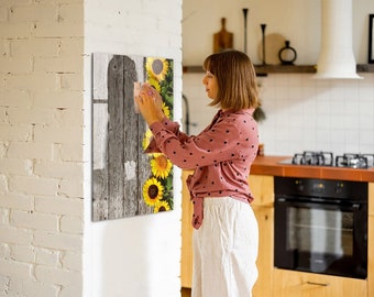 Tableau magnétique en bois de tournesol, liste de choses à faire pour le mur, tableau d'affichage marron, affichage mural de photos fleurs et plantes, marqueur + éponge