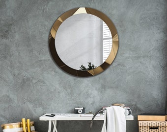 Modern Abstract, Brown, Art Printed Round Mirror, Circle Mirror, Mirror Wall Decor, Bathroom Mirror