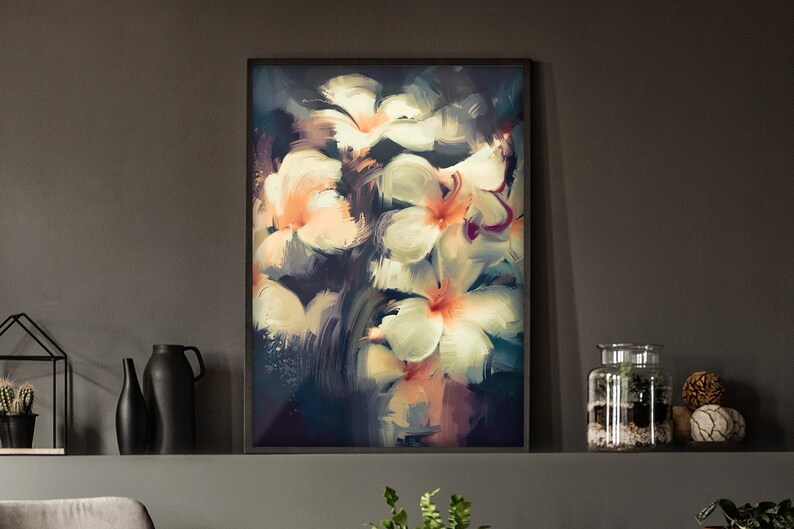 Vintage Colors Wall Decor #6PP Removable Material Painting Showing Beautiful White Flowers In Dark Background Self-Adhesive Poster