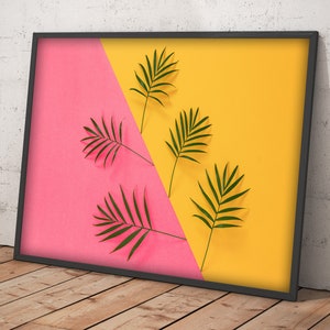 Palm Leaves On Vibrant Pink And Yellow Background Self-Adhesive Poster - Vivid Colors - Large Wall Art - Room Decoration #8PP