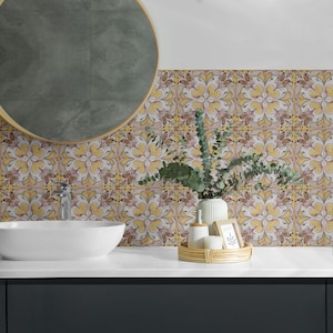 Floral Ornaments Tile Stickers, Yellow Removable Tiles, Tile Stickers, Texture PVC Floor Tiles, Kitchen Tile Stickers