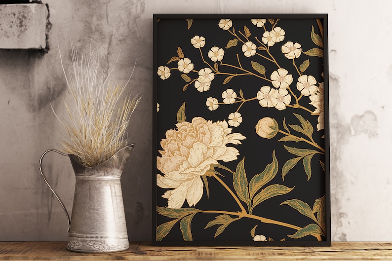 Dark Pattern With Peony Flowers Black and White Wall Decor Etsy UK