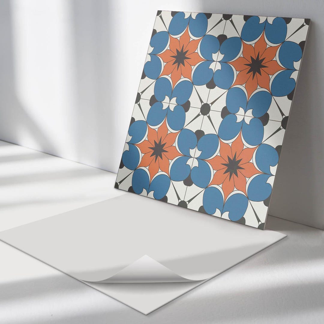 Pvc Tiles Pattern Floral Pattern on Background PVC Floor Tiles, Blue Tile Stickers, Peel ...