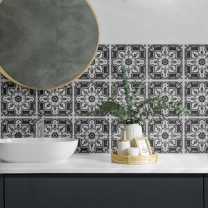 Floral Ornaments PVC Floor Tiles, Black Tile Stickers, Peel and Stick Tiles, Texture Tile Stickers, Floor Tile Stickers