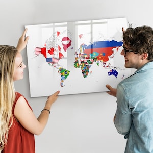 Map Of National Flags Magnetic Board, Places You&#39;ve Been, White Trip Map, Visited Countries Map Travel Tracker, Marker + Sponge