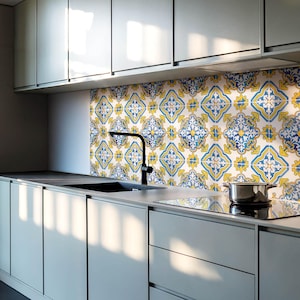 Carreaux de sol en PVC mosaïque fleurs, Stickers carrelage bleu, Carreaux autocollants, Stickers carrelage texturés, Stickers carrelage sol