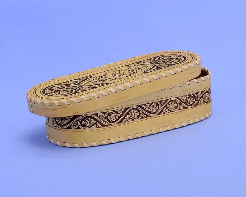 #165 A small oval box made of birch bark with the image of a bouquet of flowers a handmade wooden box will be a great gift