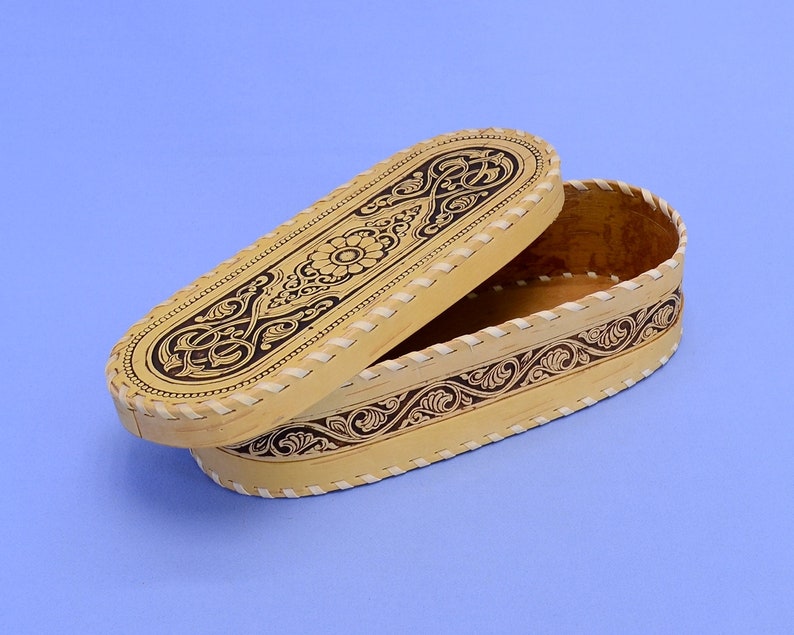 #165 A small oval box made of birch bark with the image of a bouquet of flowers a handmade wooden box will be a great gift