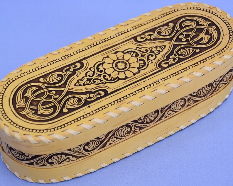 #165 A small oval box made of birch bark with the image of a bouquet of flowers a handmade wooden box will be a great gift