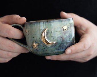 Green handmade mug golden moon and stars themed - crescent stoneware pottery mug for space lovers