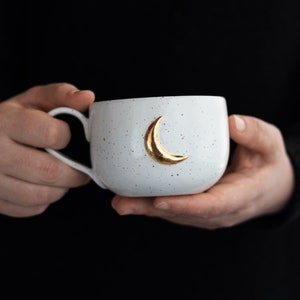 Handmade Mug with Golden Moon : 13 Oz Pottery Stoneware Ceramic Coffee Latte Cup