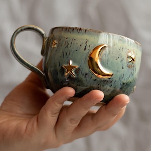 Celestial Mug: Handmade Pottery Coffee Cup with Gold Moon & Stars