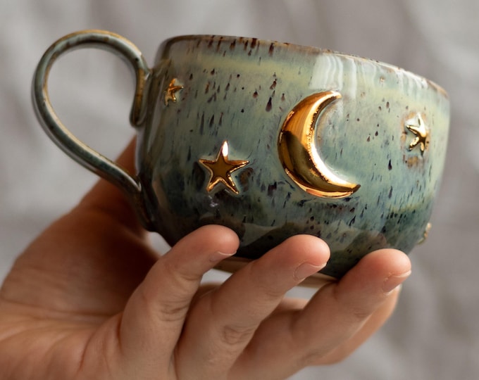 Celestial Mug: Handmade Pottery Coffee Cup with Gold Moon & Stars