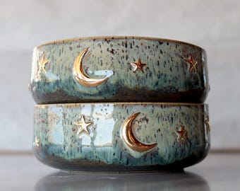 Pottery Food Bowl with Golden Moon and Stars : Handmade Stoneware Ceramic Small Serving Bowl