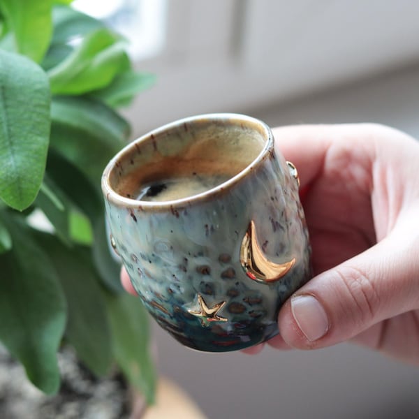 Handmade Celestial Espresso Cup: 3 Oz Stoneware Pottery with Gold Moon and Stars