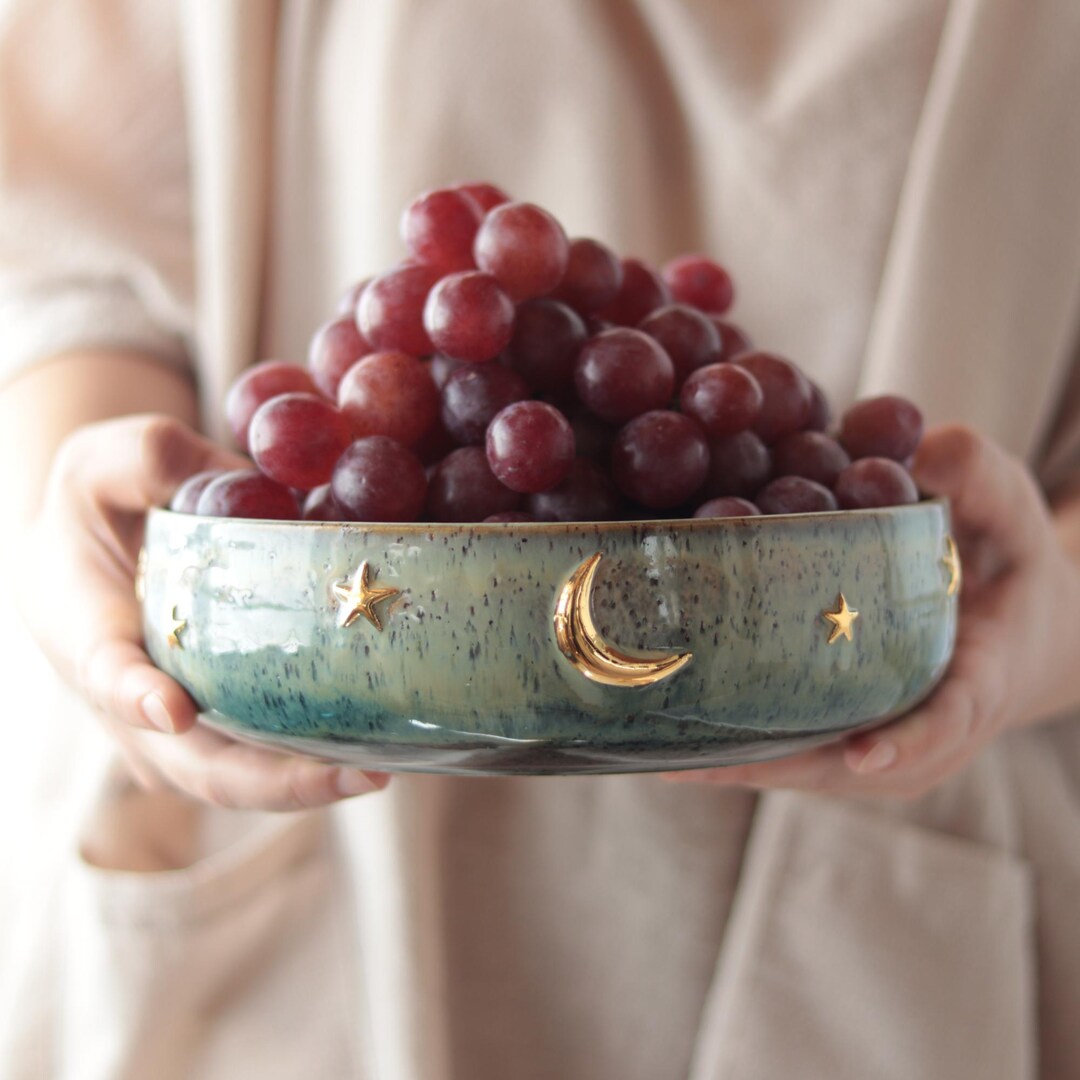 Celestial Large Fruit Bowl with Golden Moon and Stars : Handmade Pottery Stoneware Ceramic