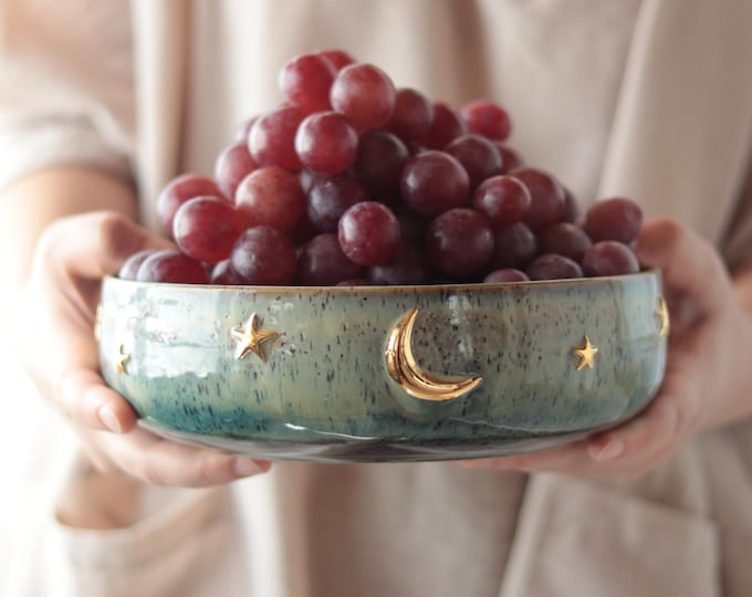 Celestial Large Fruit Bowl with Golden Moon and Stars : Handmade Pottery Stoneware Ceramic