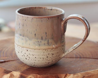 Handmade Pottery Mug : Green or Beige 14.7 Oz Speckled Stoneware Ceramic Coffee Cup