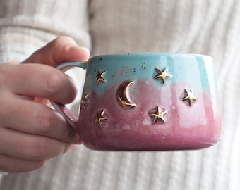 Handmade Space Mug Golden Stars and Moon - Blue and pink pottery stoneware mug