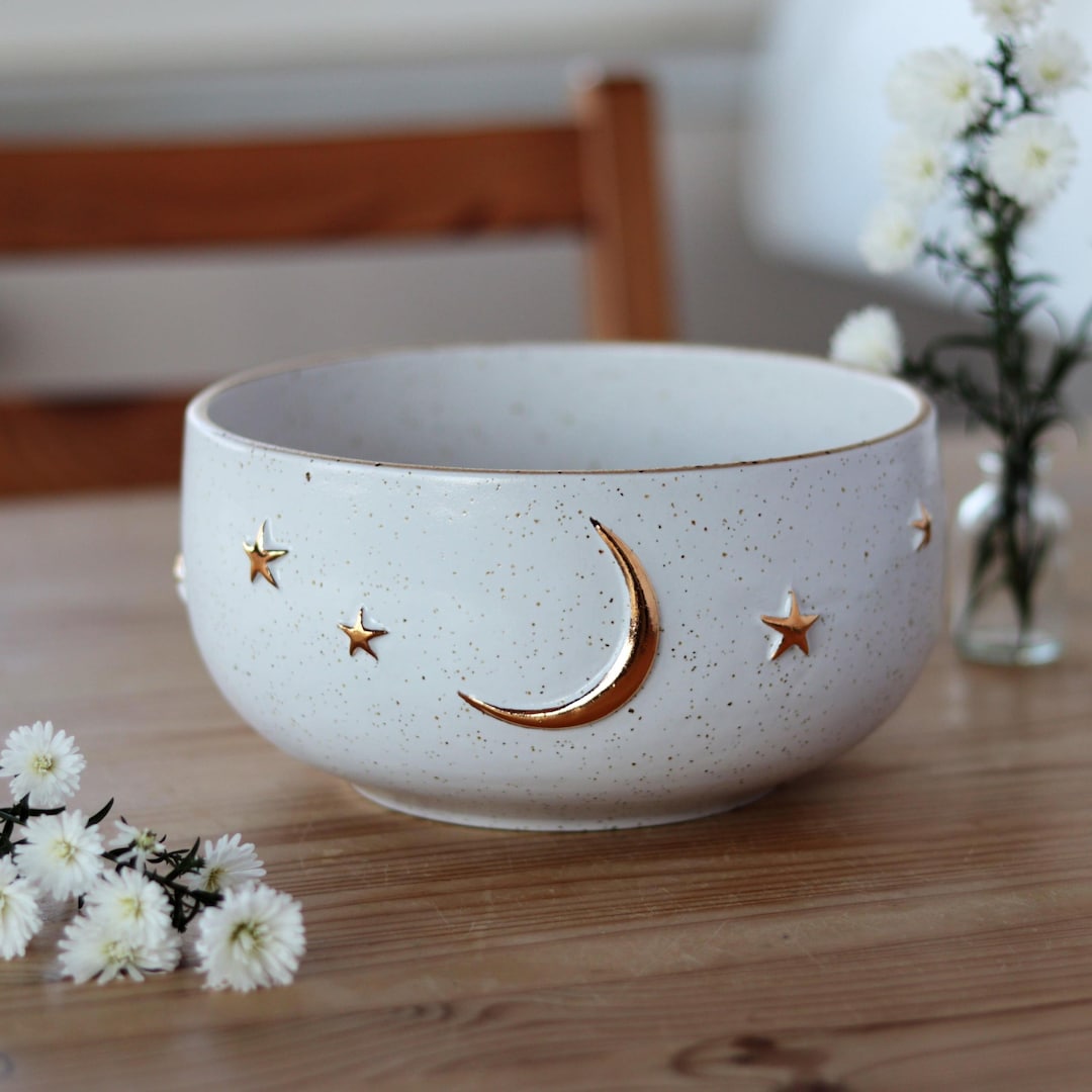 Handmade Pottery Bowl with Crescent Moon and Stars - Speckled White Stoneware