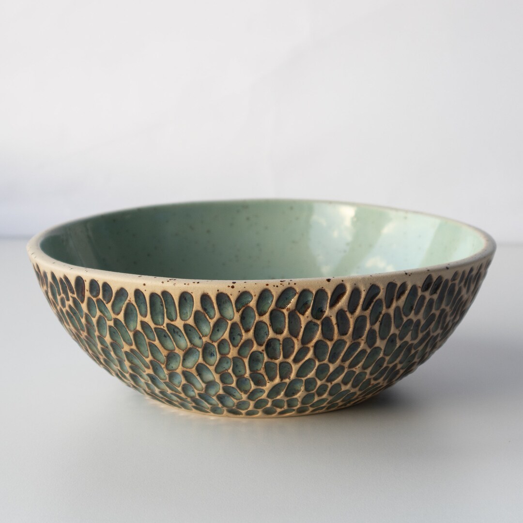 Green Handmade Stoneware Bowl - Handcarved Ceramic Stoneware Speckled ...