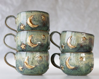 Green handmade mug golden moon and stars themed - crescent stoneware pottery mug for space lovers