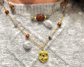 Collana pendente •AURA• acciaio inossidabile dorato e pietre naturali, regolabile