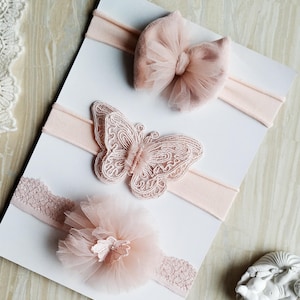 Headband Baby Set, Baptism headband, Boho headband, Pink headband set for girl, Butterfly headband, Cristening headband set Newborn headband
