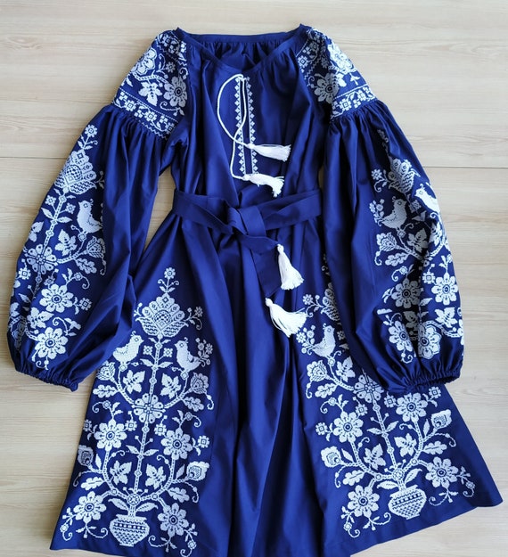white christmas dresses Indigo White Vneck Embroidered Cotton Dress for Women Online – UrbanStree main image 1