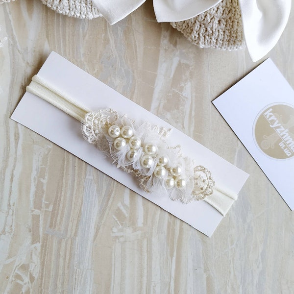 Headband Baby, Baptism headband, Boho headband, headband for girl, ivory headband, Cristening headband Newborn headband with pearls