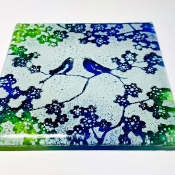 HANDMADE Coaster or Tile - Fused Glass Lovebirds Gift - Cobalt Blue & Green- made using RECYCLED materials