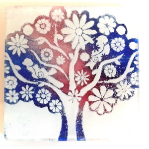 HANDMADE Coaster or Tile - Fused Glass Tree of Love Gift - Cobalt Blue & Ruby - made using RECYCLED materials