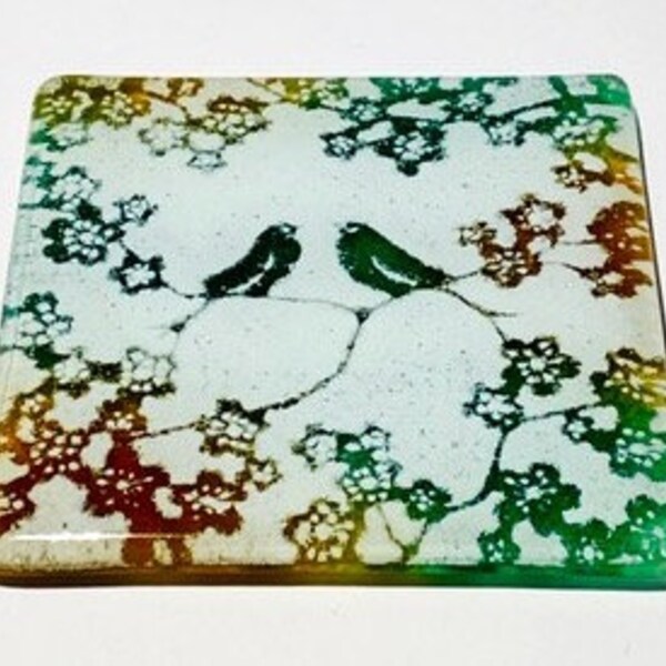 HANDMADE Coaster or Tile - Fused Glass Lovebirds Gift - Amber & Dark Green- made using RECYCLED materials