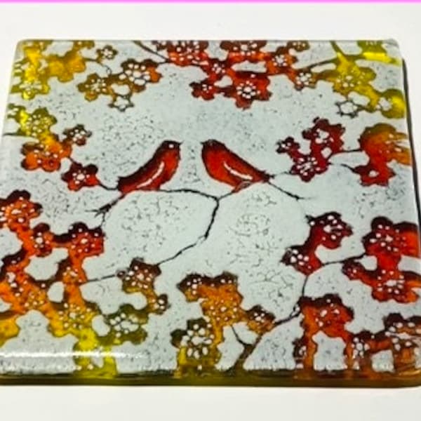 HANDMADE Fused Glass Lovebirds Coaster Gift or Tile - Vivid Red & Yellow- made using RECYCLED materials