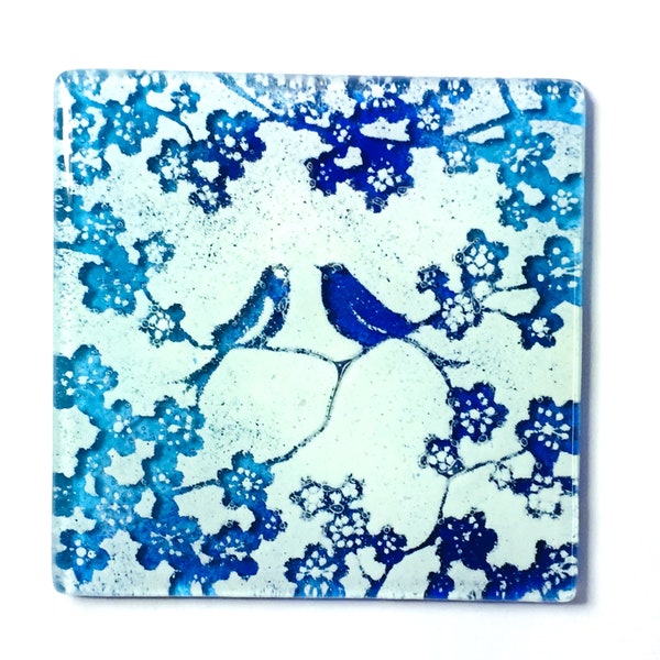 HANDMADE Coaster or Tile - Fused Glass Lovebirds Gift - Cobalt Blue & Aqua - made using RECYCLED materials