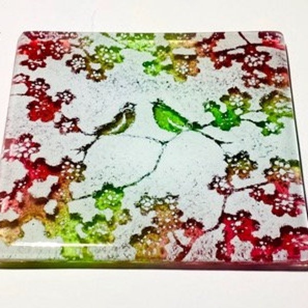 HANDMADE Coaster or Tile - Fused Glass Lovebirds Gift  - Ruby & Green - made using RECYCLED materials