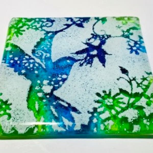 HANDMADE Coaster or Tile - Fused Glass Hummingbird  - Aqua & Green- made using RECYCLED materials