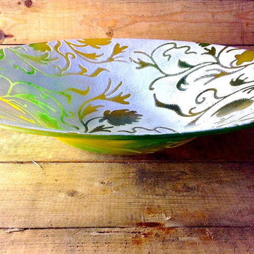 HANDMADE Bowl Large Fused Glass Floral and Trellis shops - Amber & Dark Green - made using RECYCLED materials