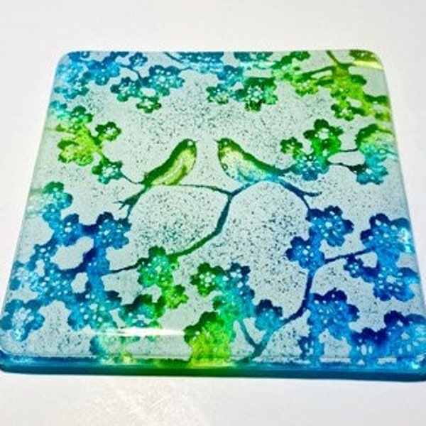 HANDMADE Coaster or Tile Fused Glass Lovebirds - Aqua &  Green - made using RECYCLED materials