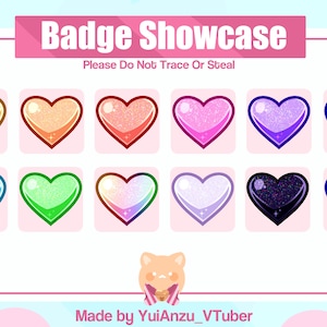 Könnte beinhalten: Eine digitale Illustration, die 12 herzförmige Abzeichen in verschiedenen Farben zeigt, darunter Gelb, Orange, Rot, Rosa, Lila, Blau, Grün und Schwarz. Der Text "Badge Showcase" befindet sich oben im Bild, und der Text "Please Do Not Trace Or Steal" befindet sich darunter. Der Text "Made by YuiAnzu_VTuber" befindet sich unten im Bild.