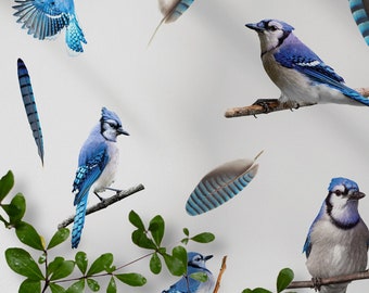 Realistic Watercolor Blue Jays & Feathers Wall Decal Pattern