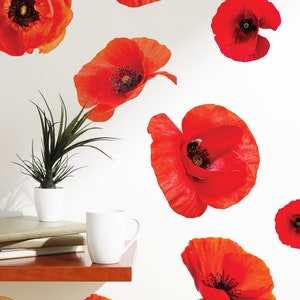 May include: Bright red poppy flowers with black centers are scattered across a white background. A small potted plant and a white mug sit on a wooden shelf. The image evokes a sense of nature and floral design.