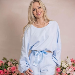 Lounge Set Wide Leg Pants Organic Cotton slack pants in light blue lounge set sweatpants with ribbon detail in waistband matching lounge set