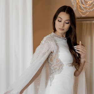 Floor Length Tulle Cape with Ostrich Feather and Hand Beading
